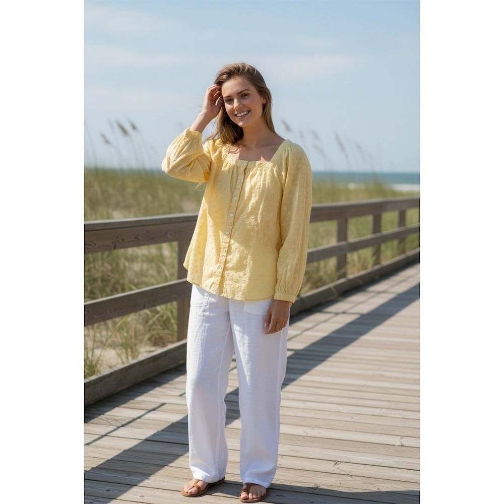 Talbots Blouse Womens Sz L Yellow Swiss Dot Button Front Square Neck LS coastal